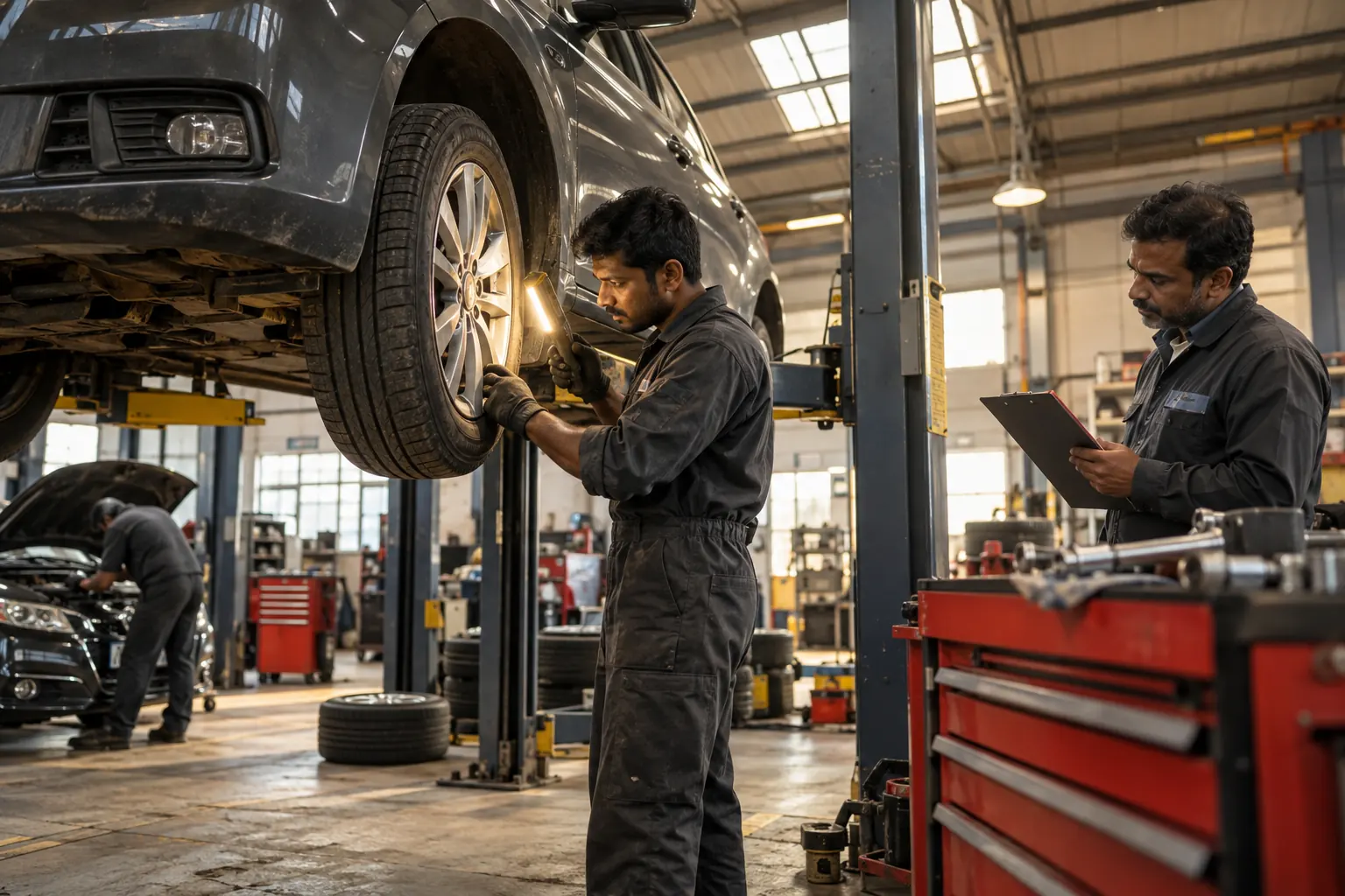 AI-generated illustration of a mechanic inspecting a raised car in a repair workshop