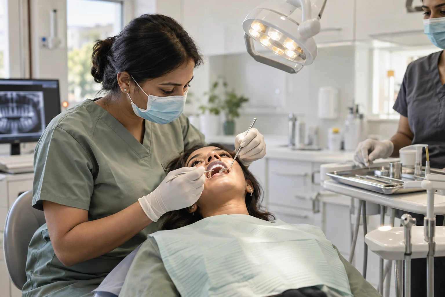 AI-generated illustration of a dentist examining a patient in a dental chair