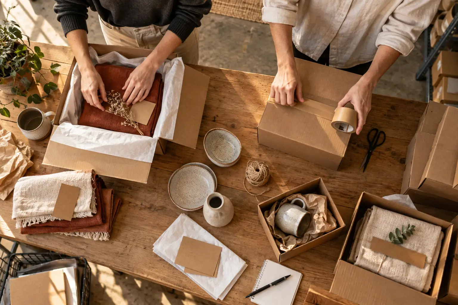 AI-generated illustration of customer orders being packed, viewed from above