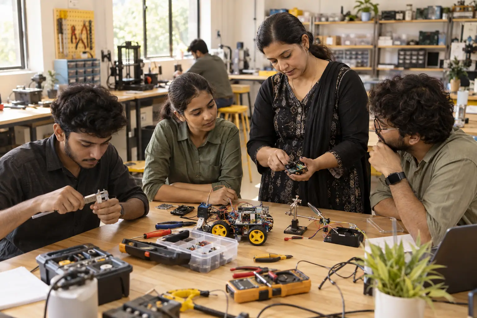 AI-generated illustration of adult students and an instructor working in an electronics workshop