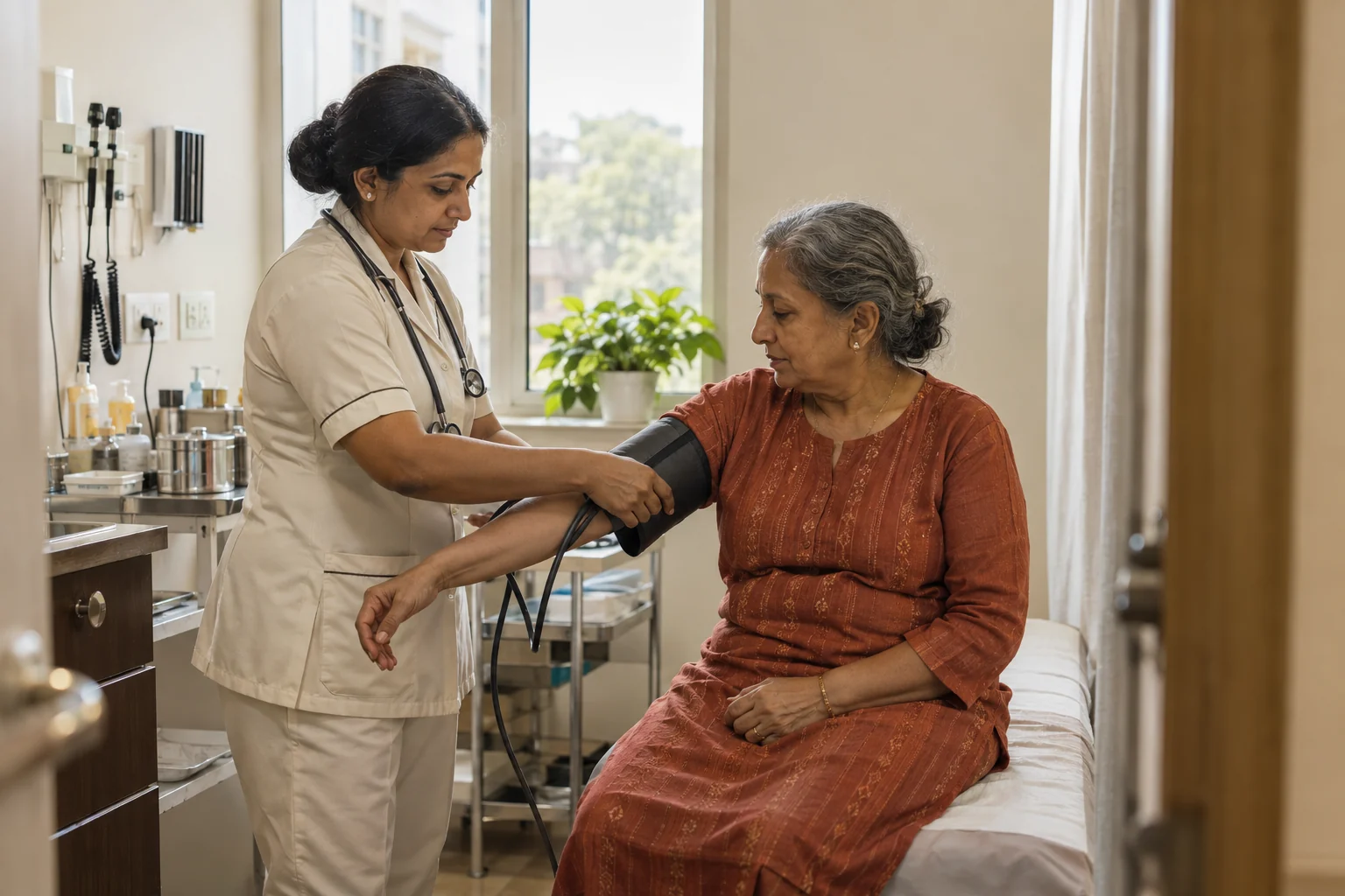 AI-generated illustration of a nurse checking an older patient's blood pressure