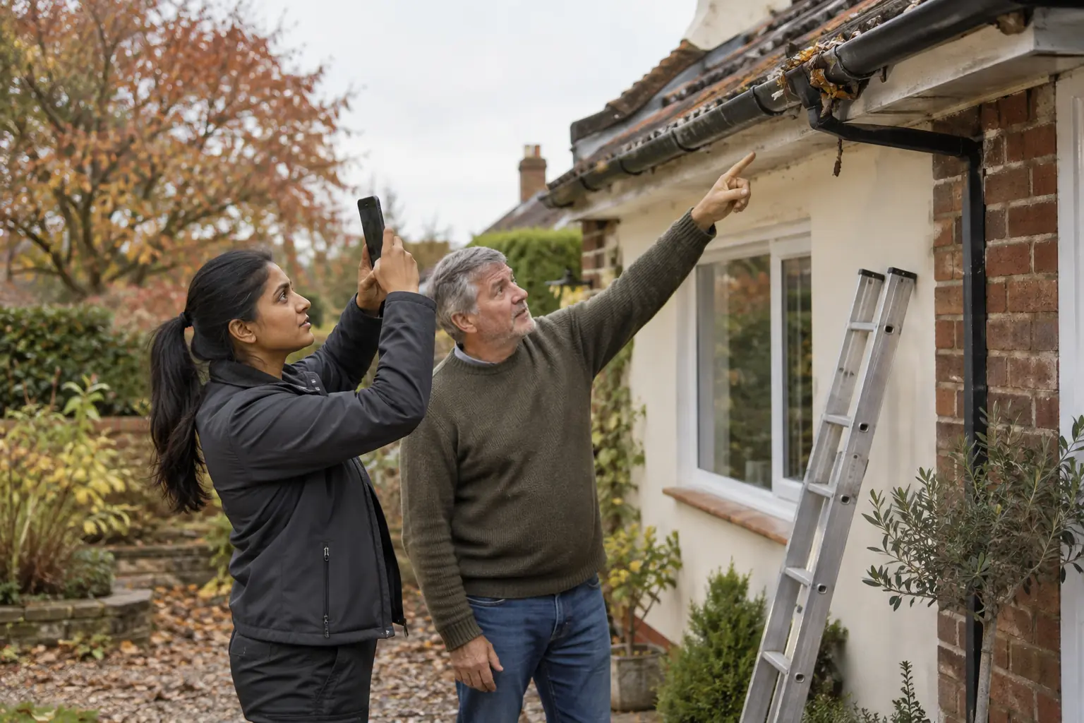 AI-generated illustration of an insurance field assessor and homeowner inspecting a damaged gutter