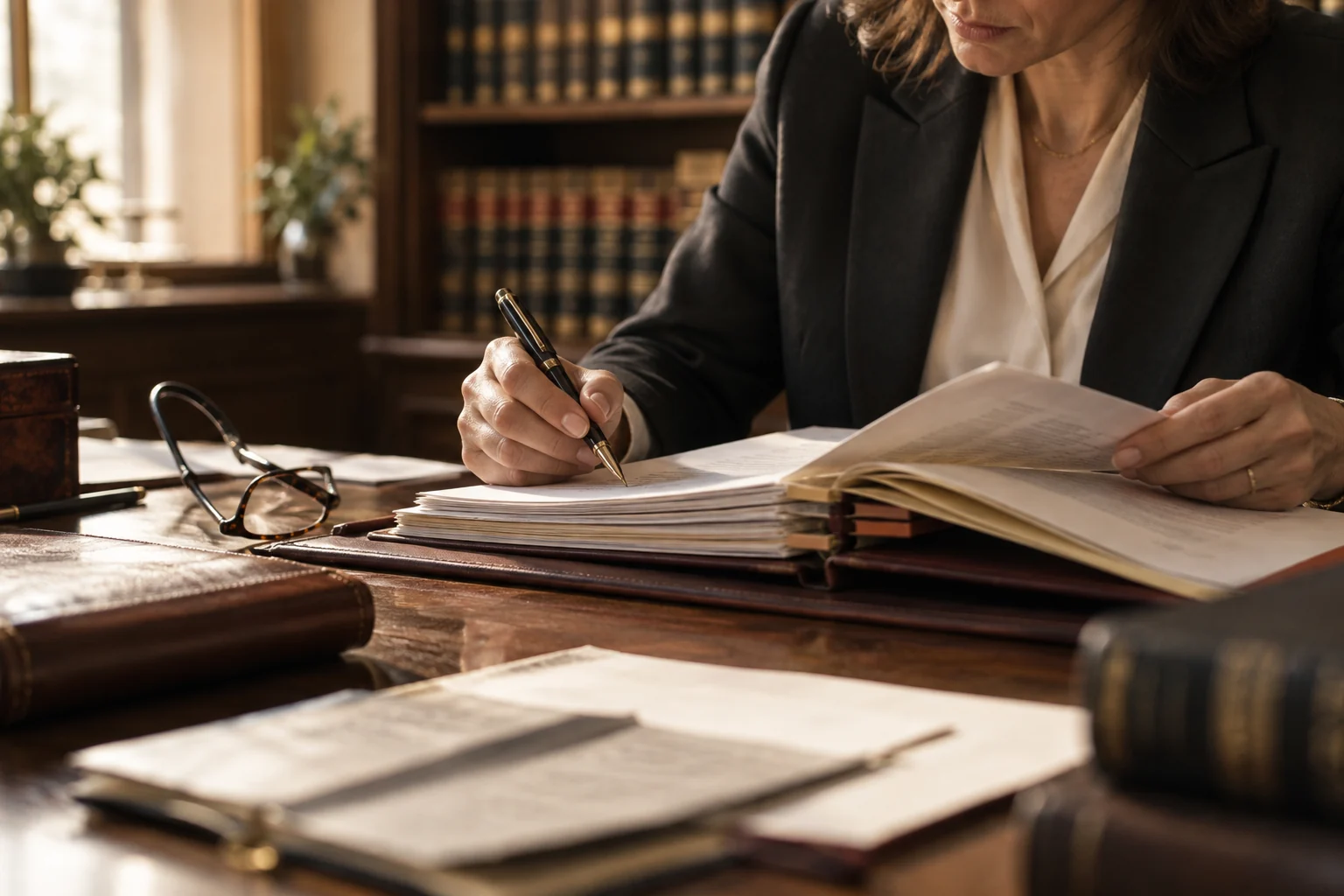 AI-generated illustration of hands reviewing a tabbed legal case file