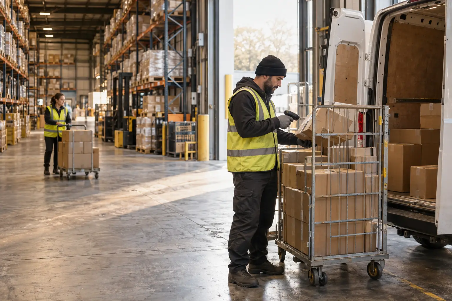 AI-generated illustration of a warehouse worker scanning a parcel near a loading bay