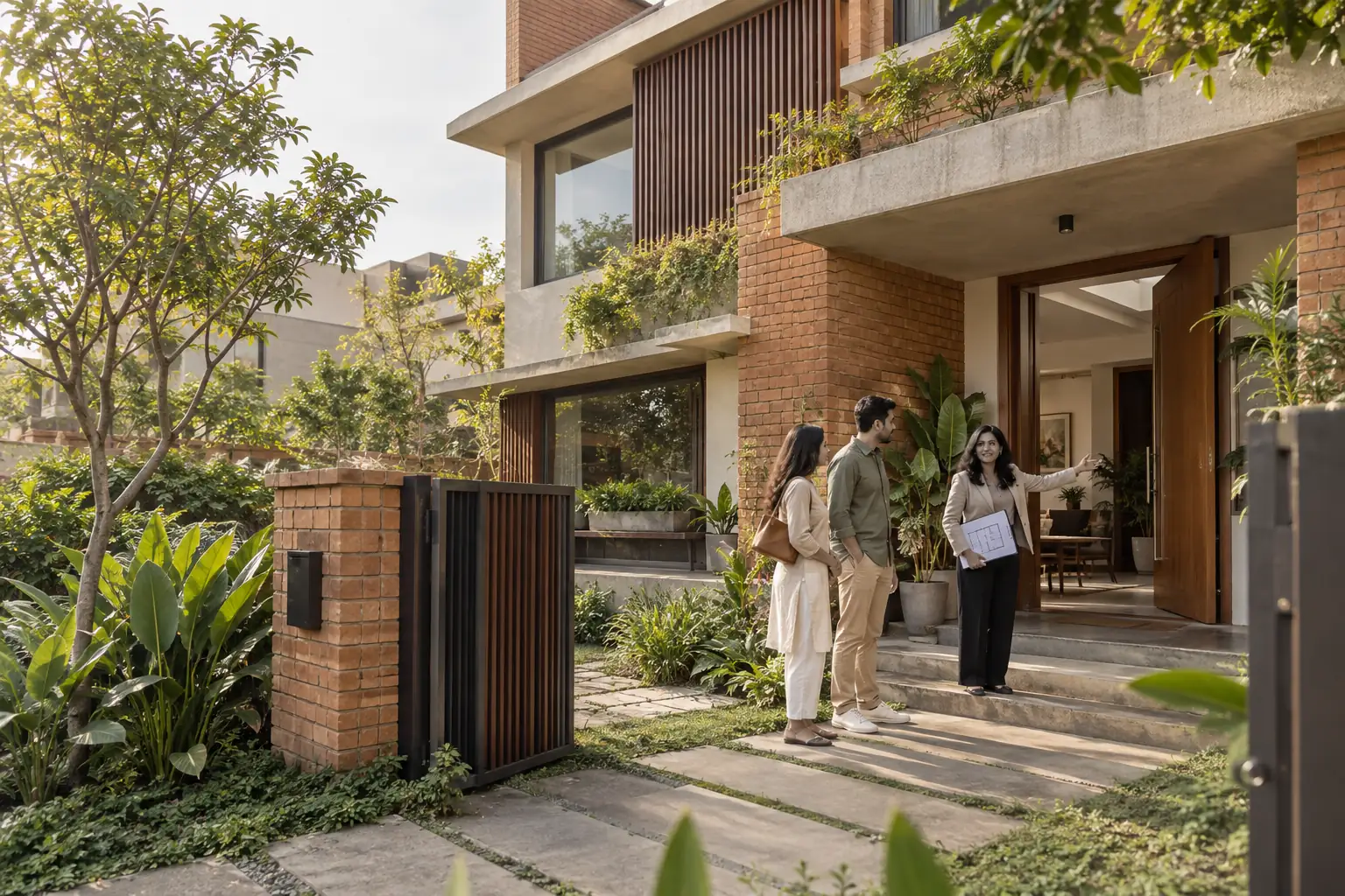 AI-generated illustration of a property adviser and prospective buyers viewing the exterior of a townhouse