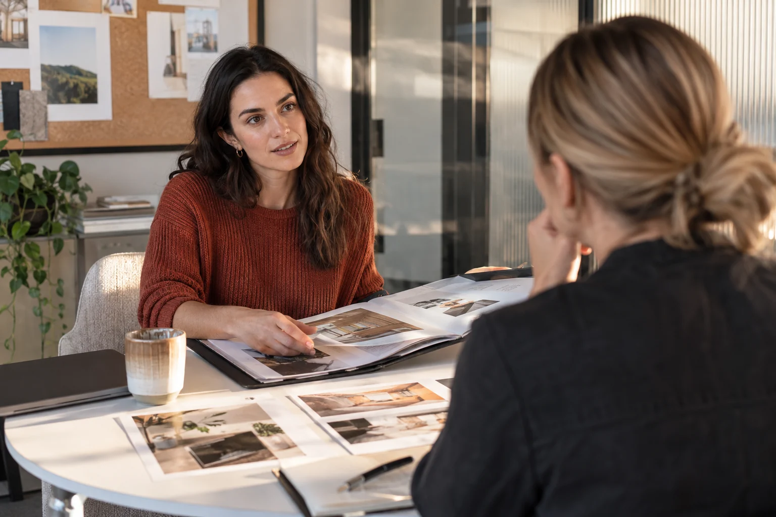 AI-generated illustration of a candidate presenting a portfolio during a job interview