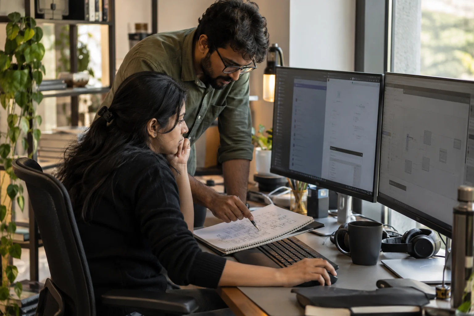 AI-generated illustration of a software team troubleshooting together at computer monitors