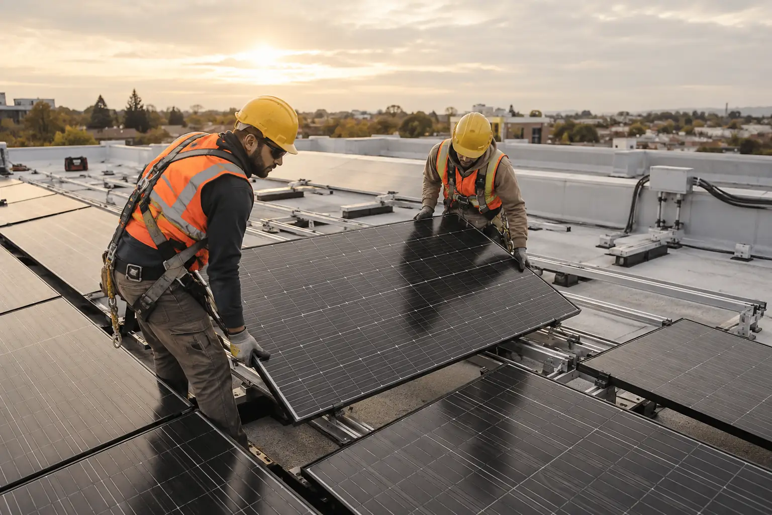 AI-generated illustration of rooftop technicians installing graphite-coloured solar panels